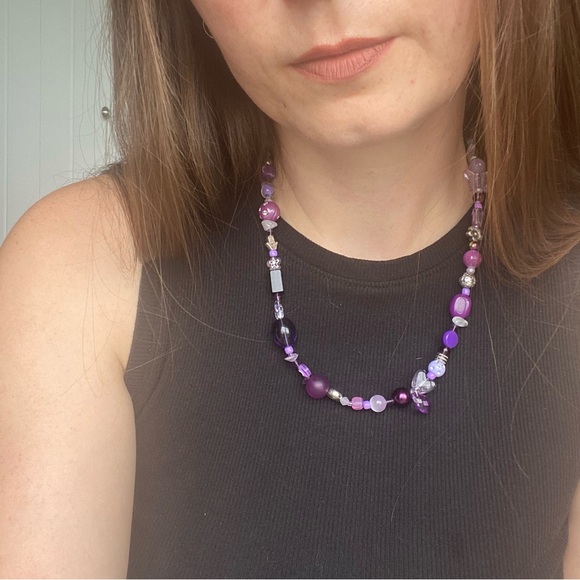 Deep Purple Beaded Necklace Butterfly Seashell Stone Flowers Hearts Spiral Hamsa - Picture 11 of 13